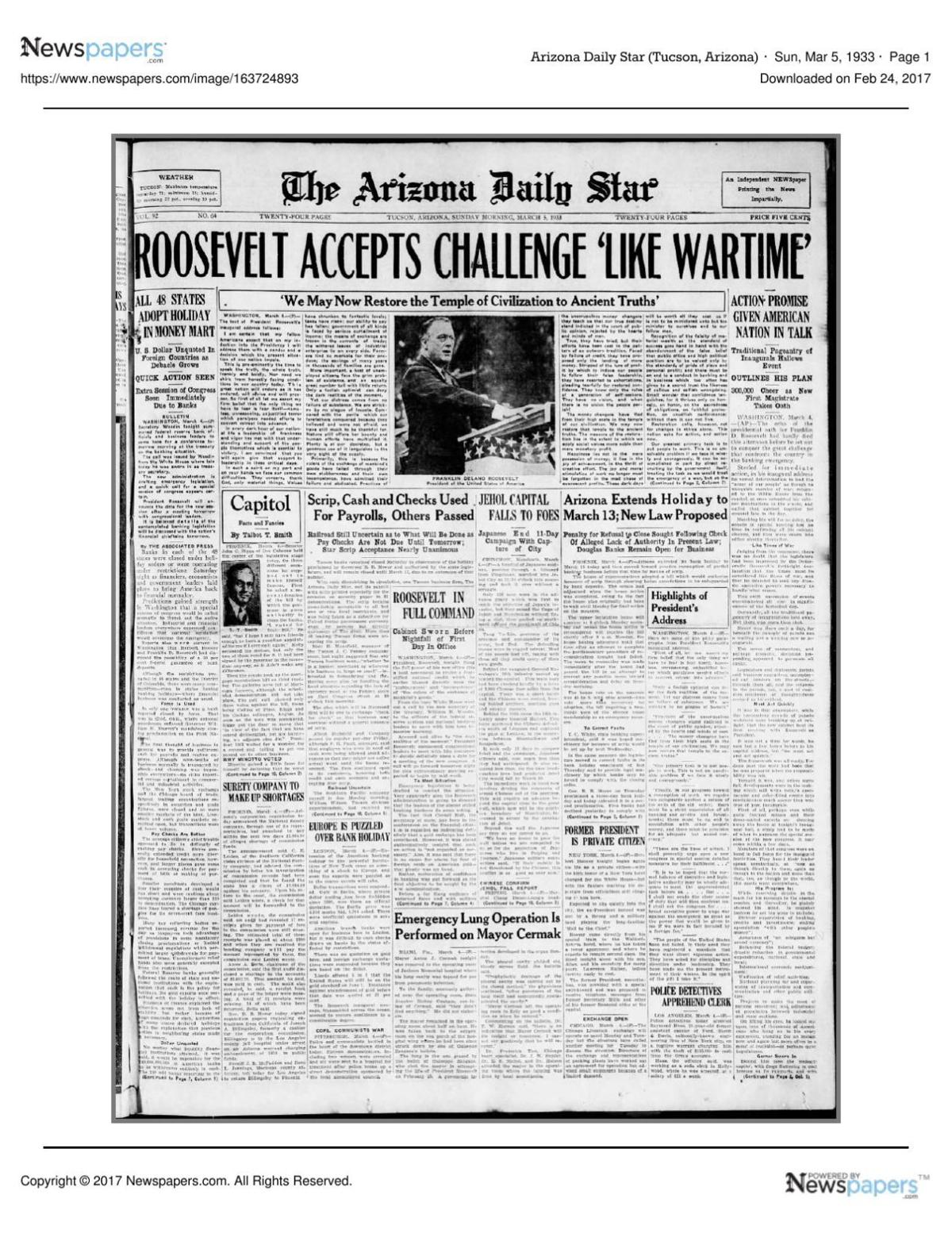 Arizona Daily Star front page March 5, 1933