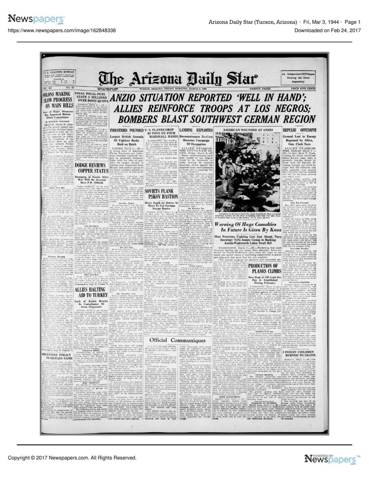 Arizona Daily Star front page March 3, 1944