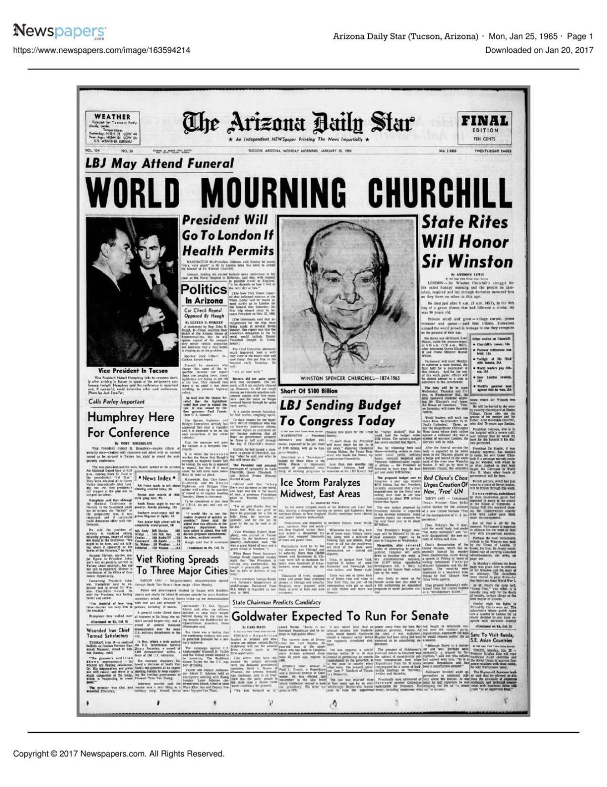 Arizona Daily Star front page Jan. 25, 1965
