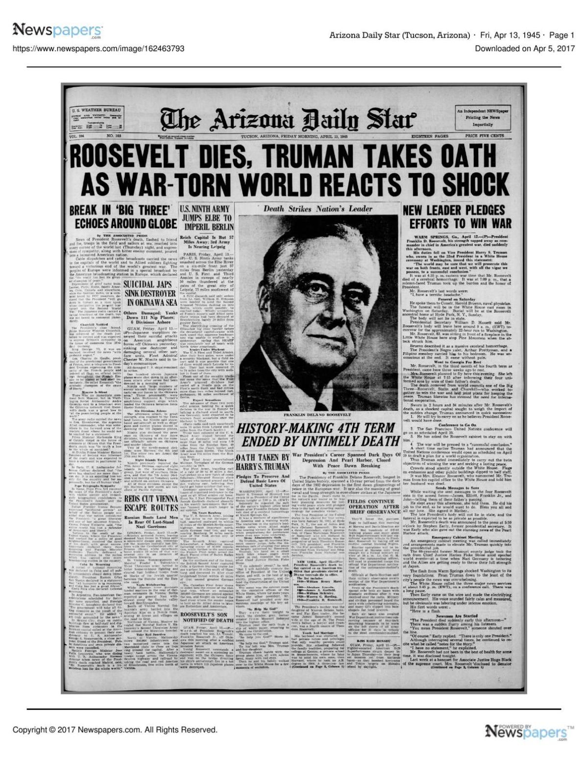 Arizona Daily Star front page April 13, 1945.pdf