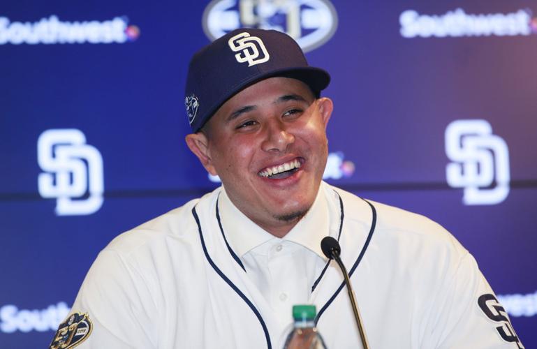 San Diego Padres infielder Manny Machado speaks at news conference in Peoria, Ariz., on Friday, Feb. 22, 2019. Machado agreed to a 10-year, $300 million contract with the Padres.