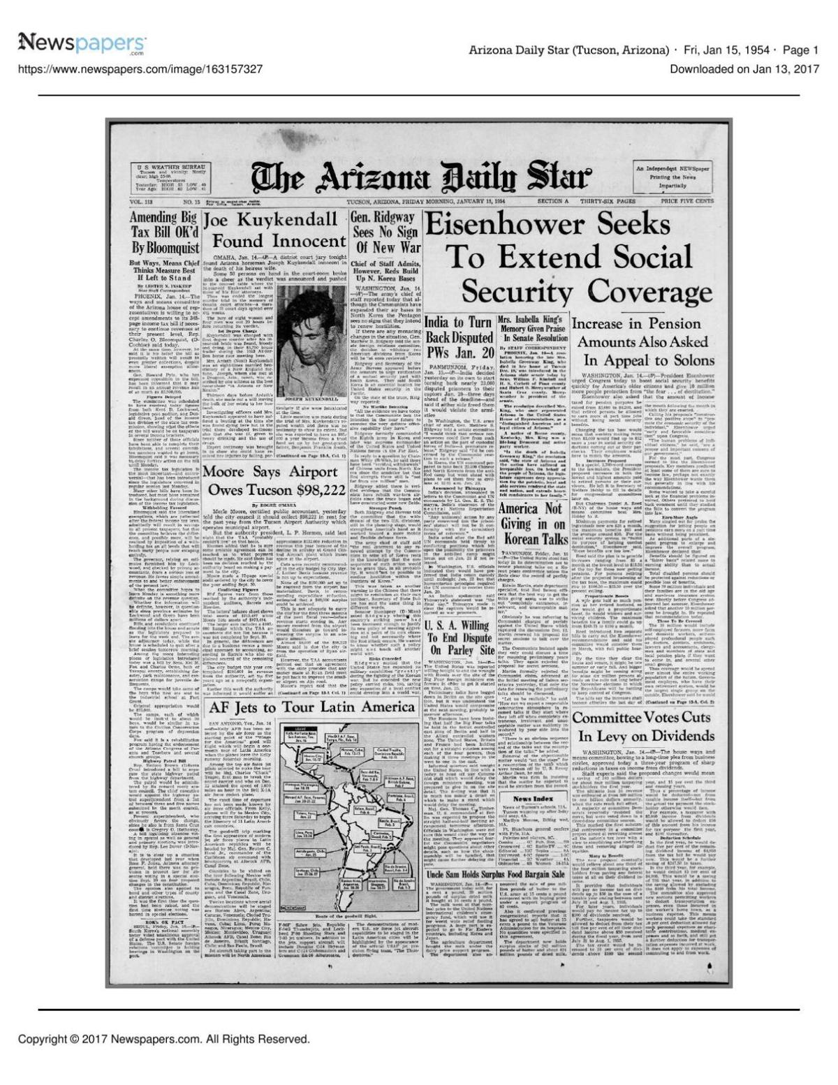 Arizona Daily Star front page Jan. 15, 1954