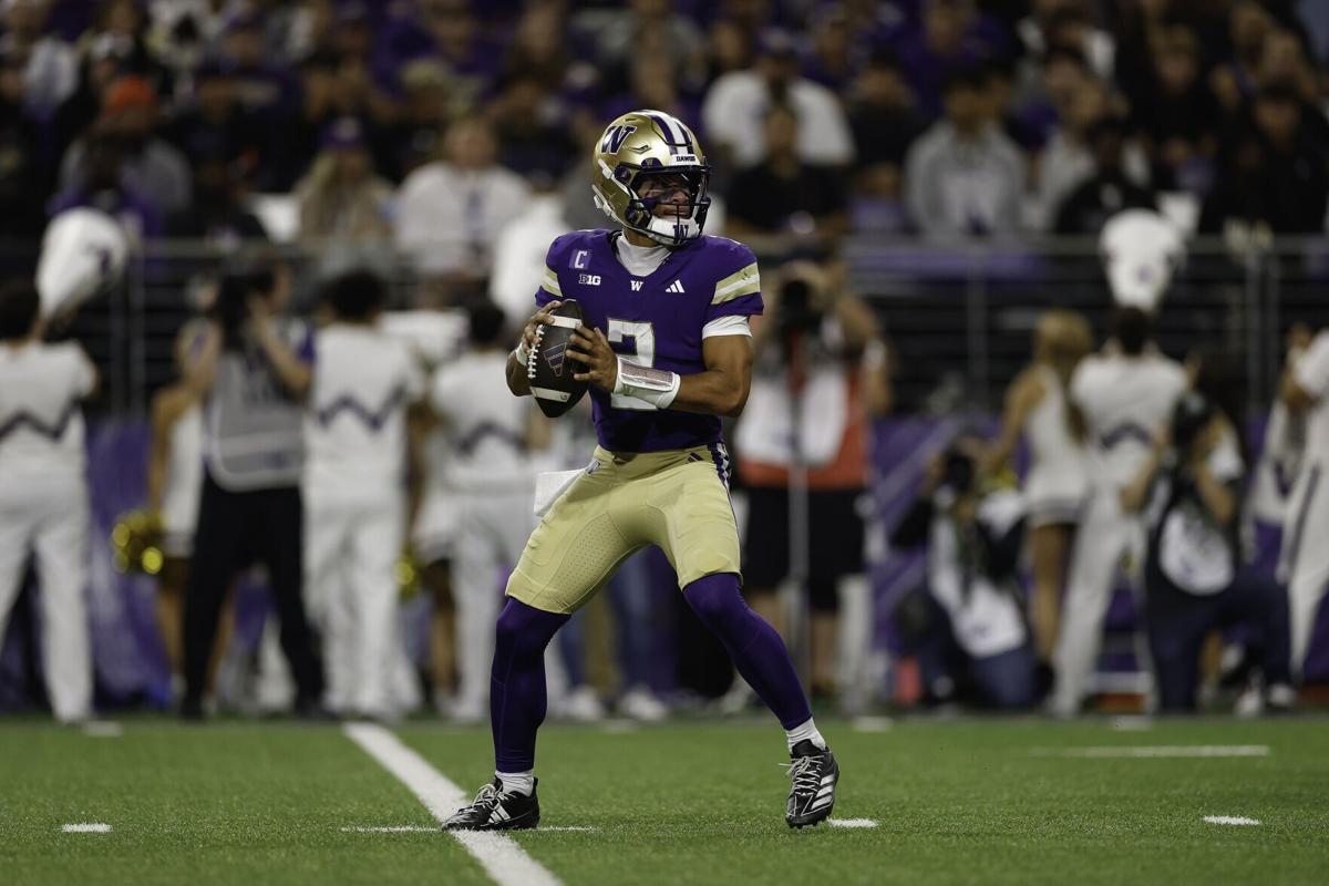 Washington quarterback Demond Williams Jr. stands in the pocket during the second quarter against Colorado State at Husky Stadium on Aug. 30, 2025, in Seattle.