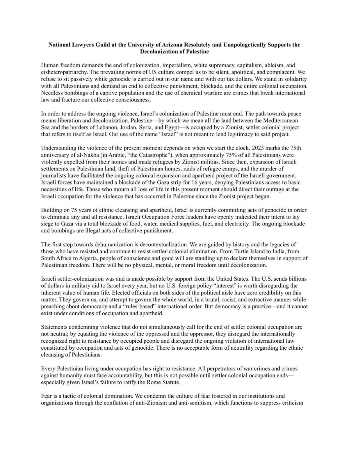 Nov. 6 letter by University of Arizona National Lawyers Guild group