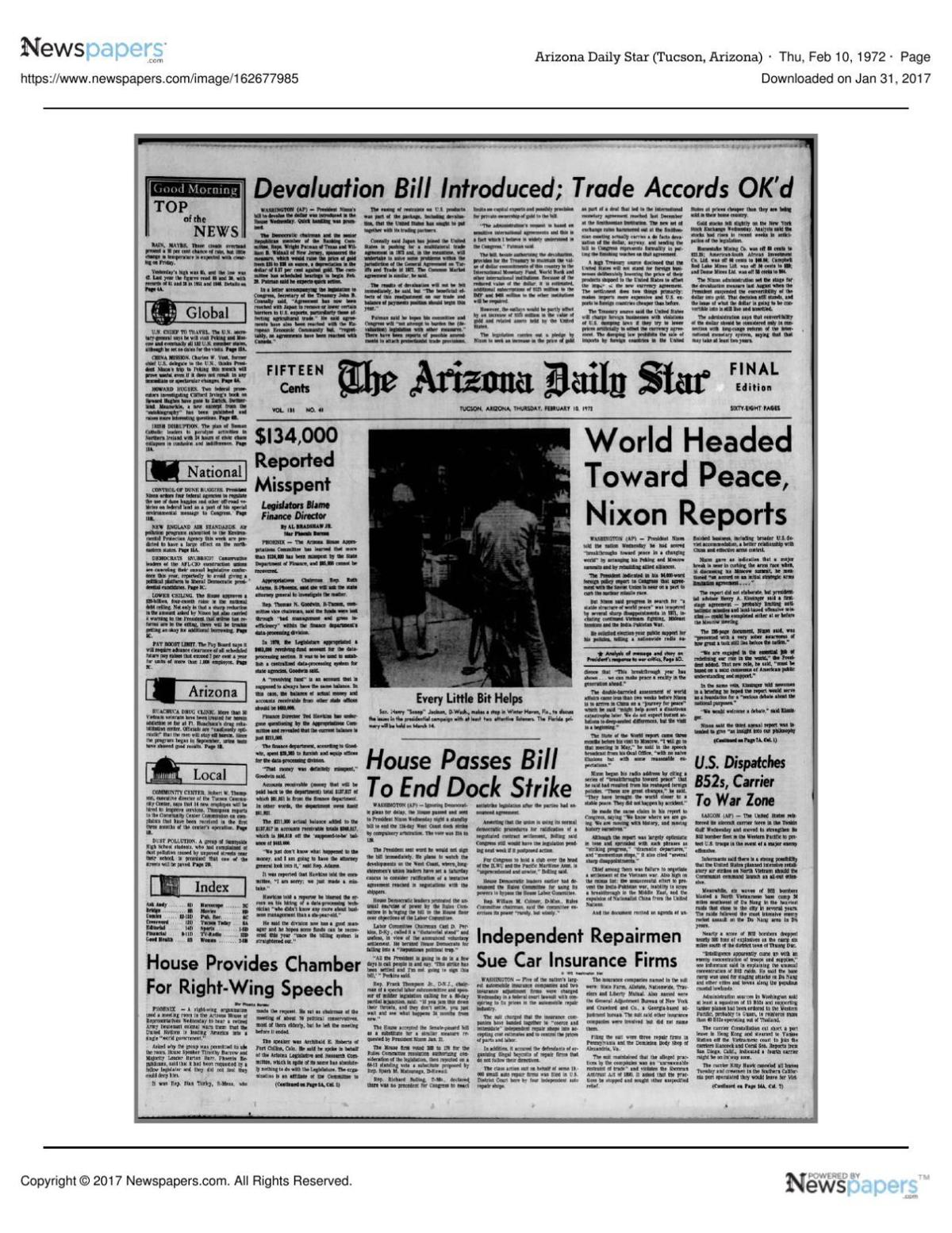 Arizona Daily Star front page Feb. 10, 1972