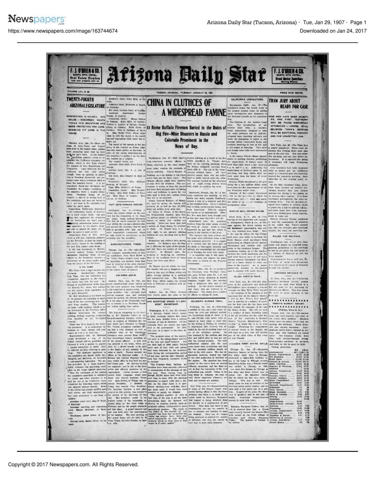 Arizona Daily Star front page Jan. 29, 1907