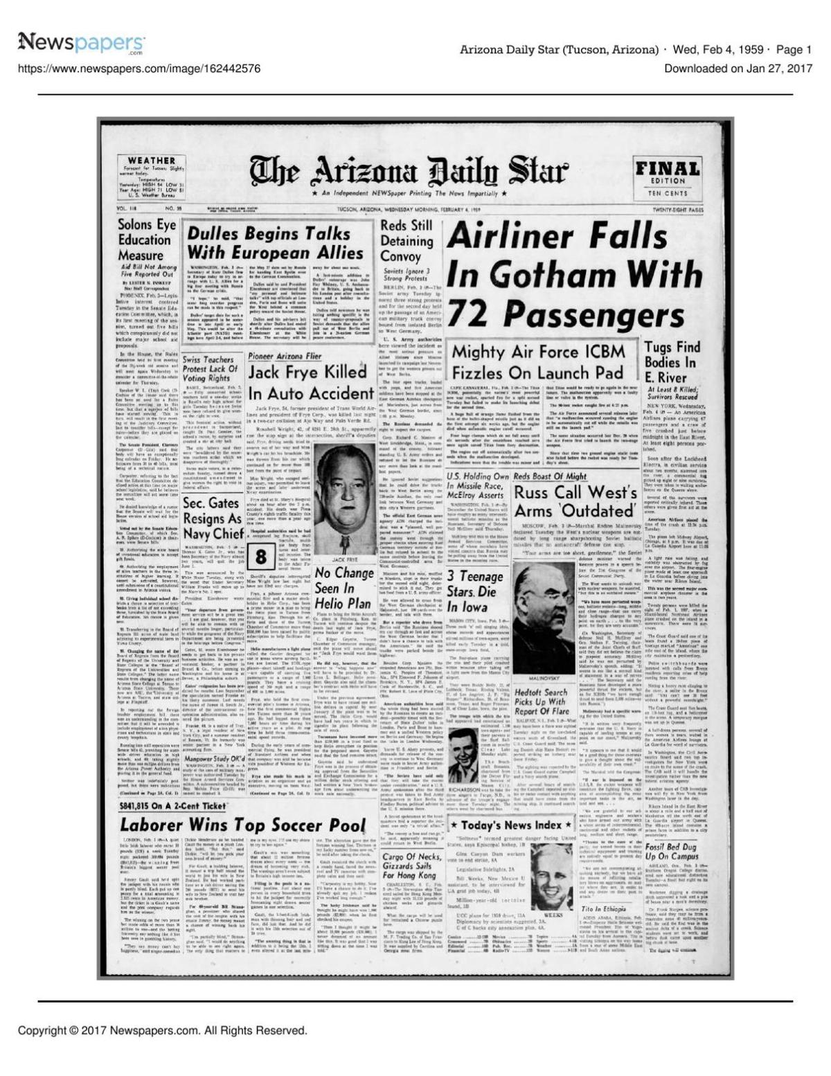 Arizona Daily Star front page Feb. 4, 1959