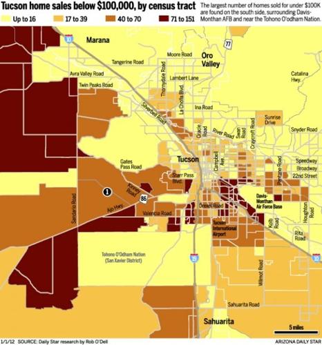 Map: Tucson home saled below $100,000, by census tract