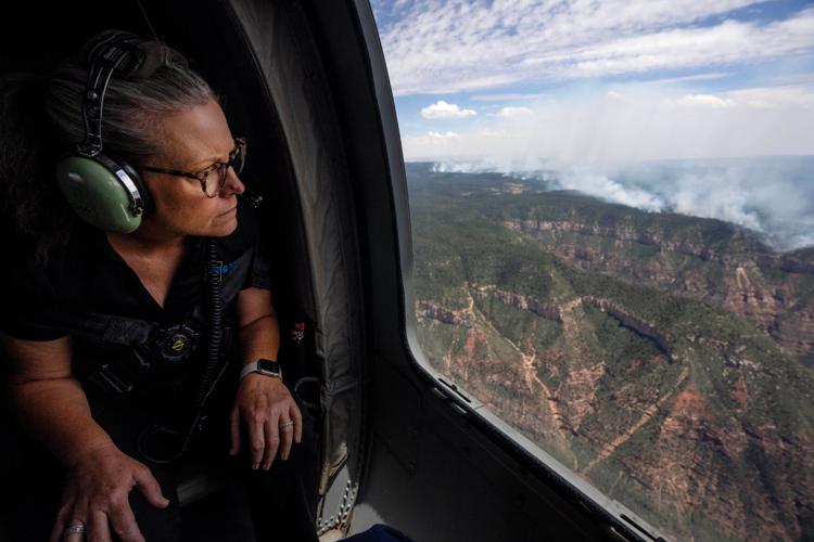 Gov. Katie Hobbs tours the Grand Canyon's North Rim on July 19, 2025, in which the Dragon Bravo Fire destroyed the Grand Canyon Lodge.