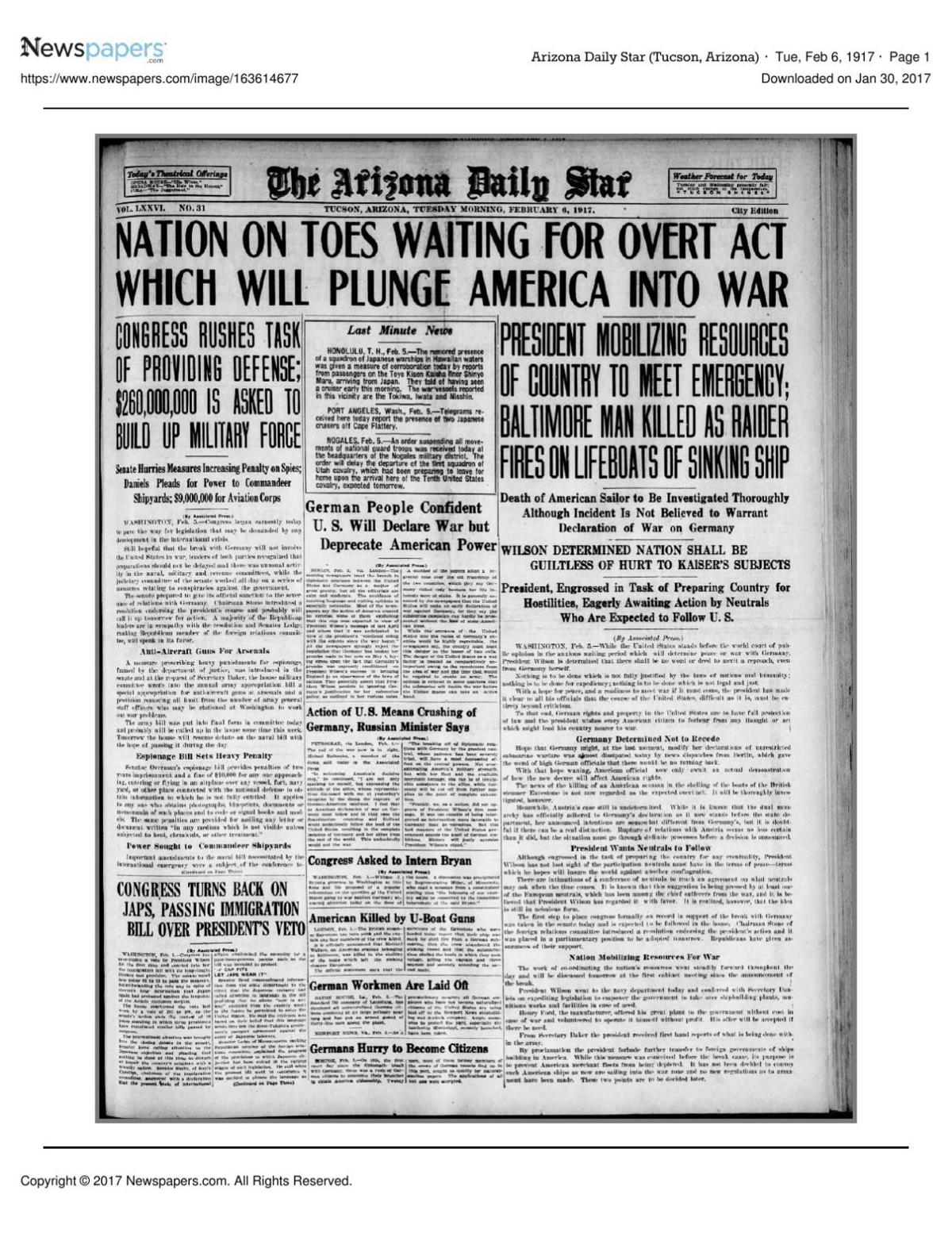 Arizona Daily Star front page Feb. 6, 1917