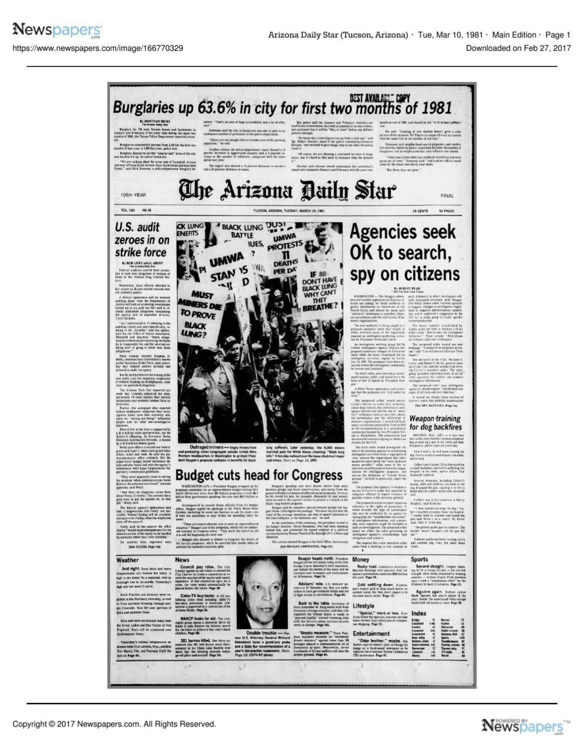 Arizona Daily Star front page March 10, 1981
