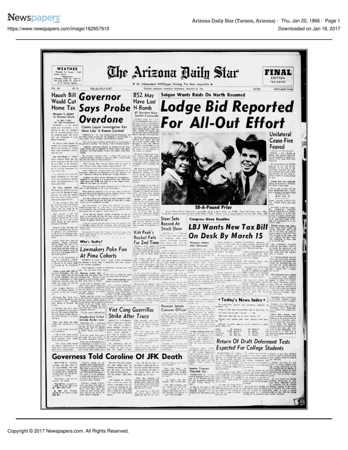 Arizona Daily Star front page Jan. 20, 1966