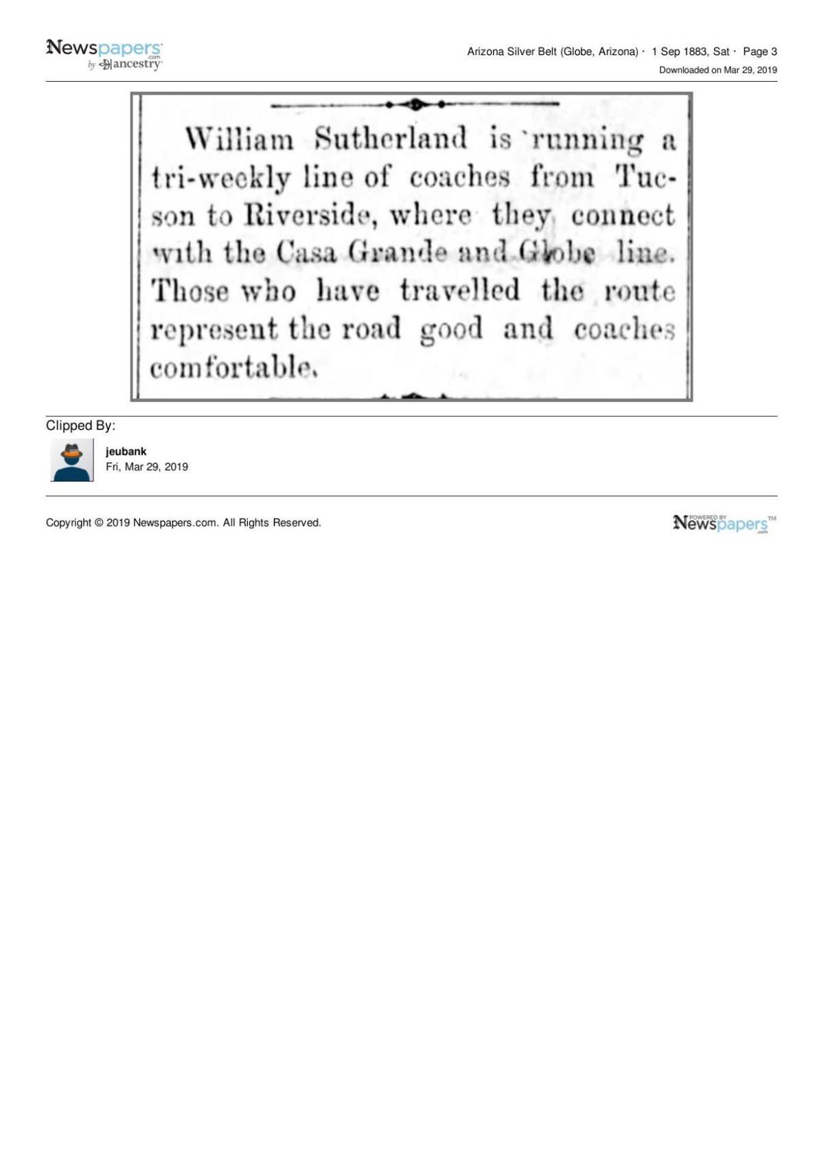 Article in Arizona Silver Belt Sept. 1, 1883