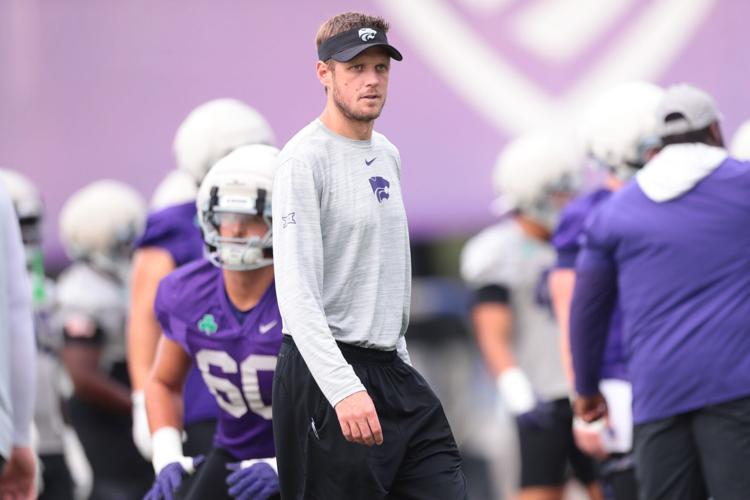 Kansas State coach Collin Klein watches players during practice at Kansas State University on Aug. 18, 2026.