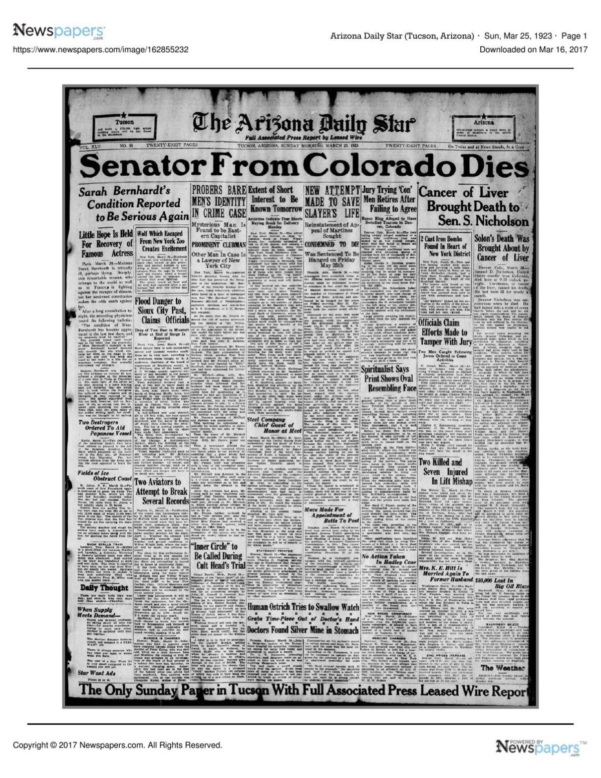 Arizona Daily Star front page March 25, 1923