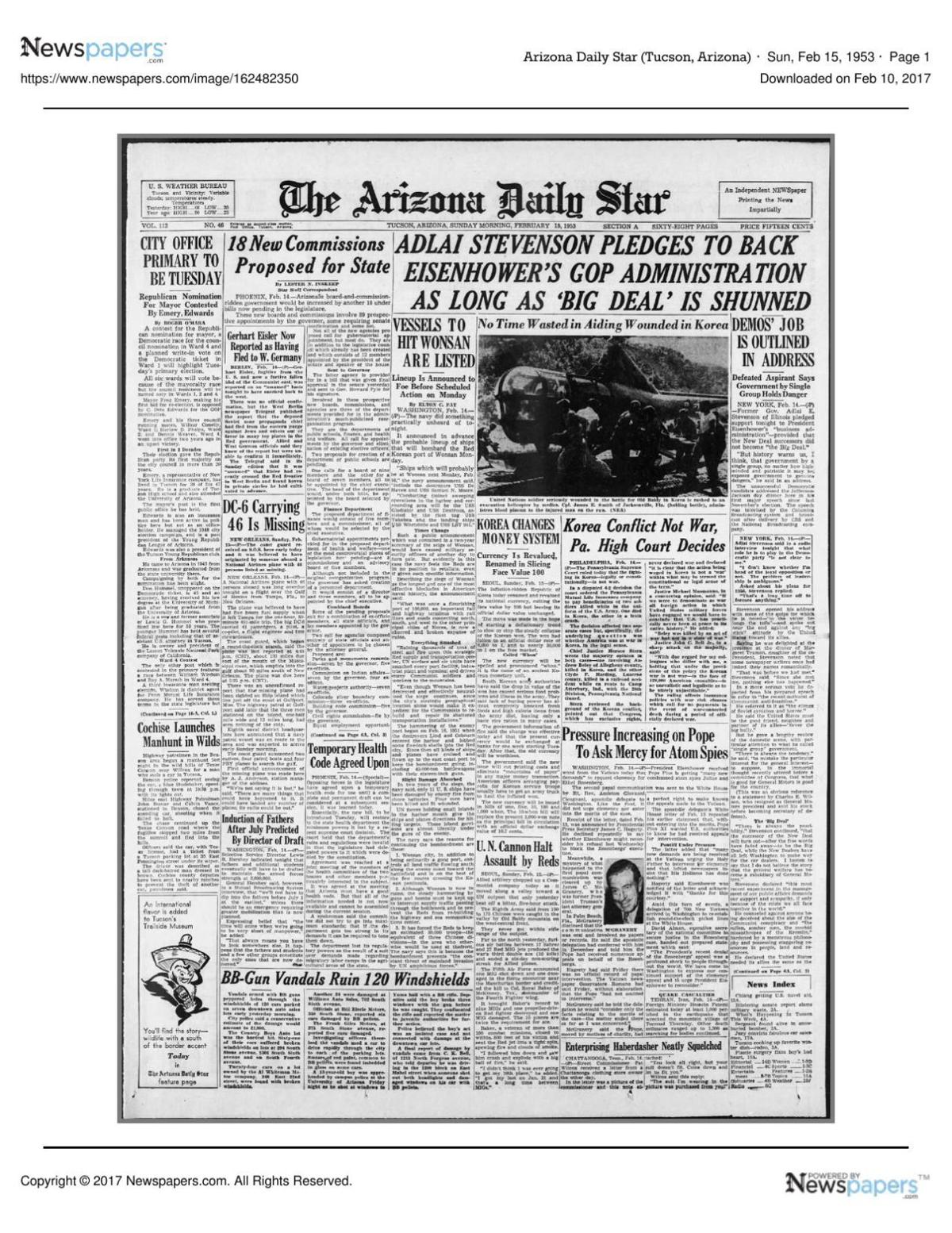 Arizona Daily Star front page Feb. 14, 1953