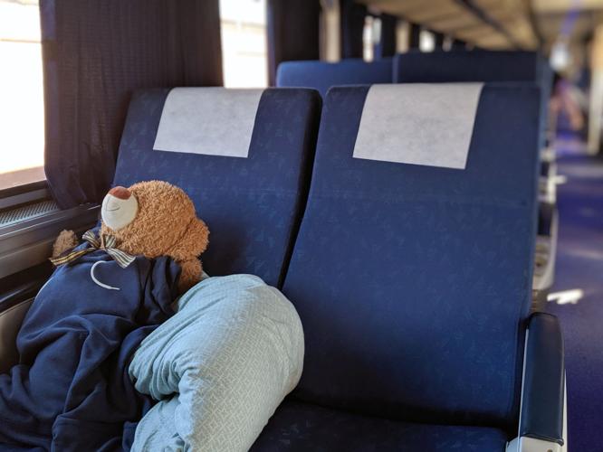 This teddy bear has plenty of room for its long-distance ride on the Southwest Chief.