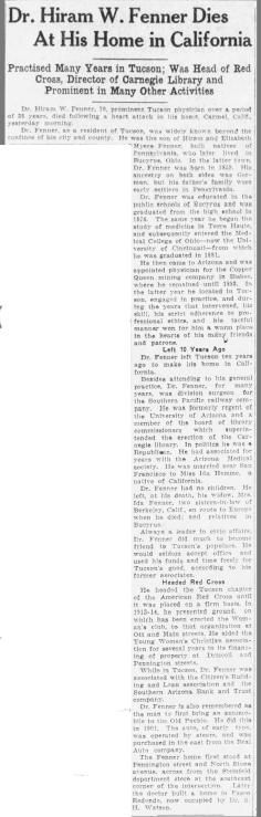 Arizona Daily Star article May 5, 1929; Hiram Fenner obituary