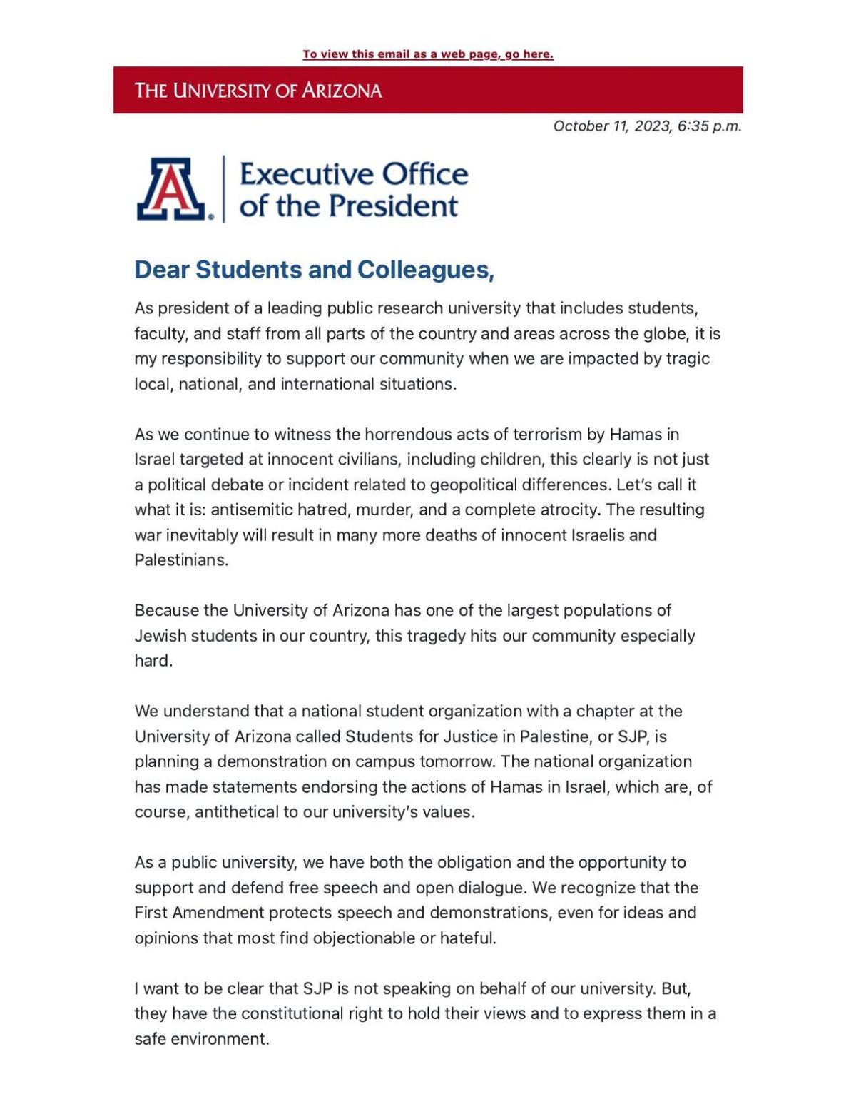 Oct.11 letter by UA president on campus speech