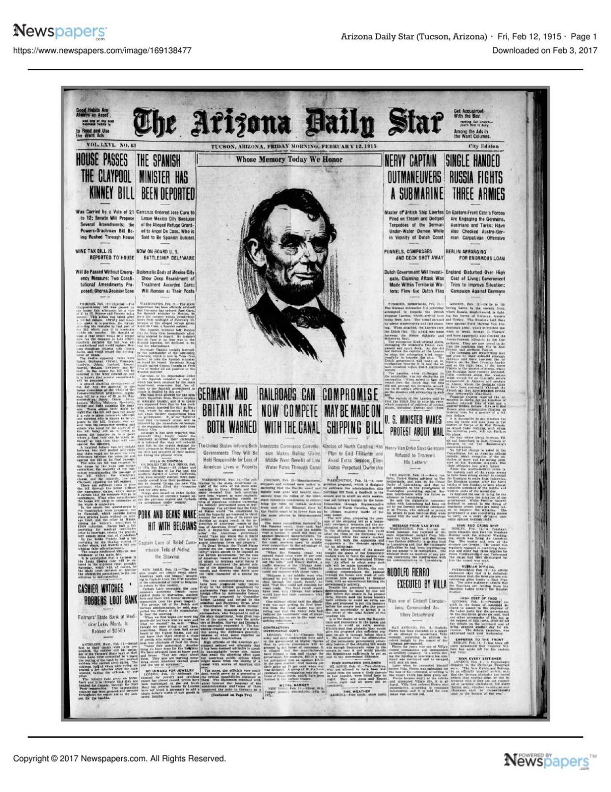 Arizona Daily Star front page Feb. 12, 1915