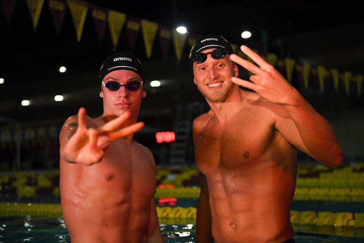 Grant House (right) with his good buddy Leon Marchand, the hero of the 2024 Summer Olympics in Paris. They were teammates at ASU, and House helped with the recruiting process.