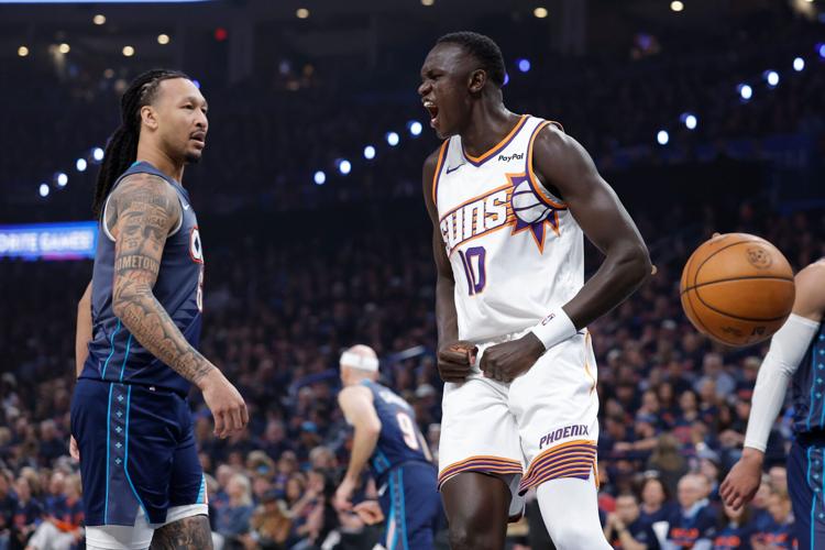 Phoenix Suns center Khaman Maluach (10) screams after dunking against the Oklahoma City Thunder in the first half during game two of the first round of the 2026 NBA Playoffs at Paycom Center in Oklahoma City, on April 22, 2026.