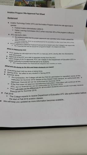 Fact sheet distributed to PCC aviation technology students