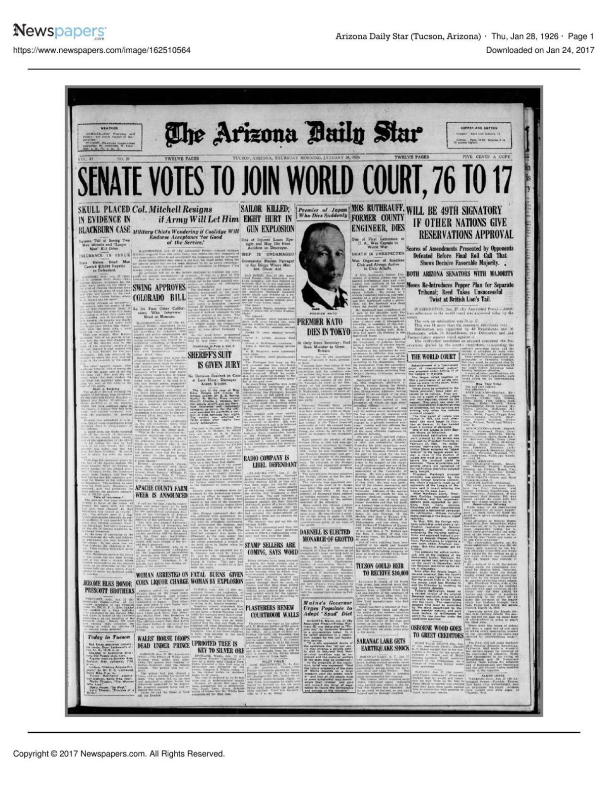 Arizona Daily Star front page Jan. 28, 1926
