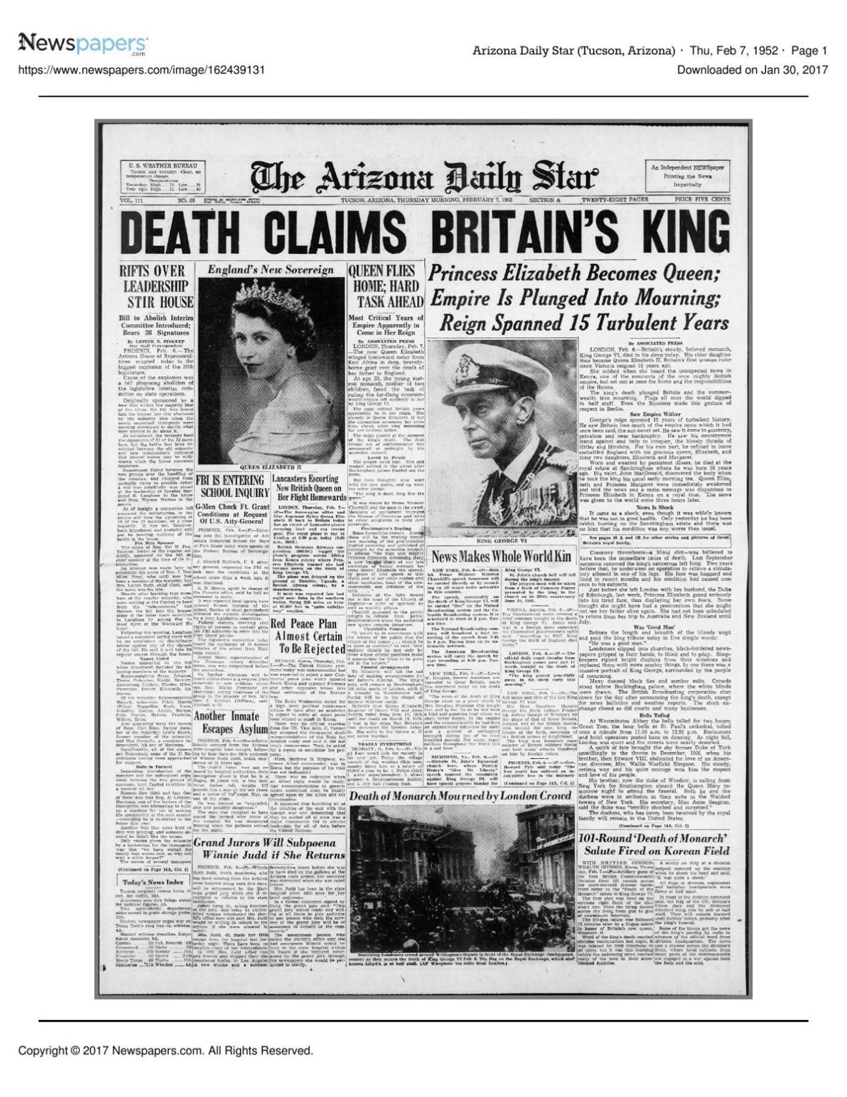 Arizona Daily Star front page Feb. 7, 1952