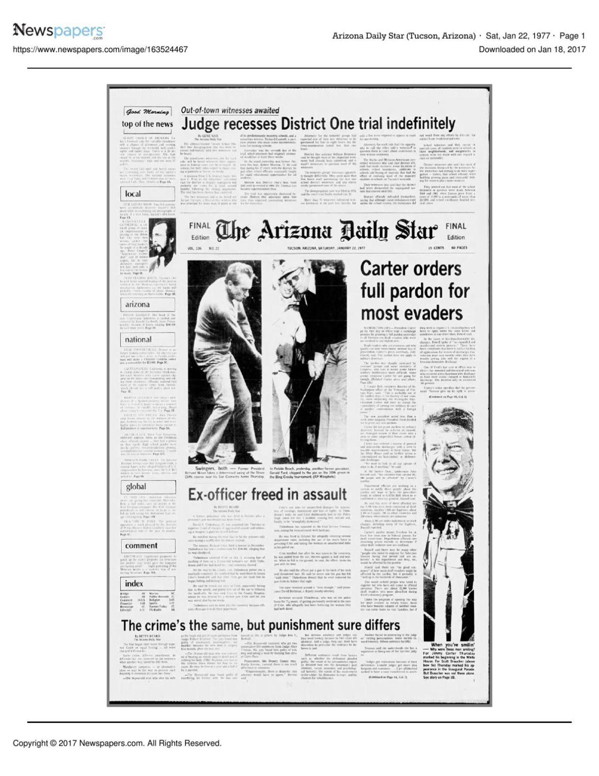 Arizona Daily Star front page Jan. 22, 1977
