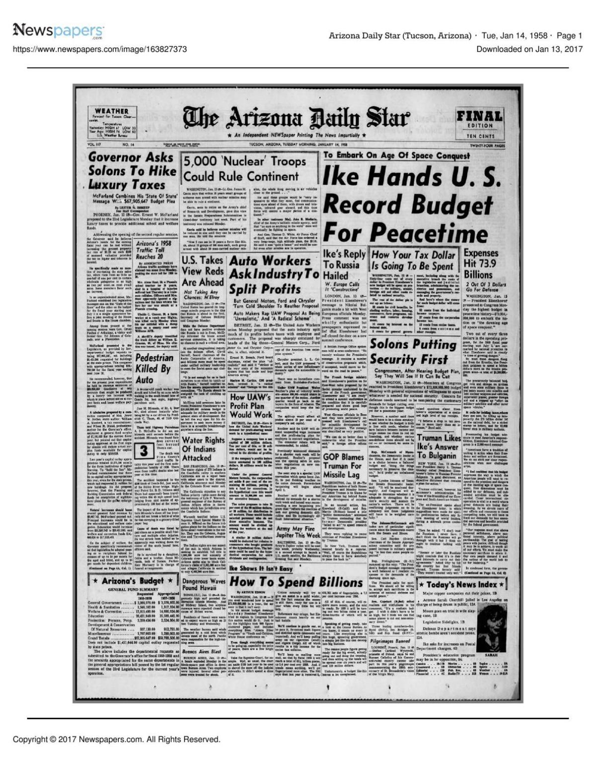 Arizona Daily Star front page Jan. 14, 1958