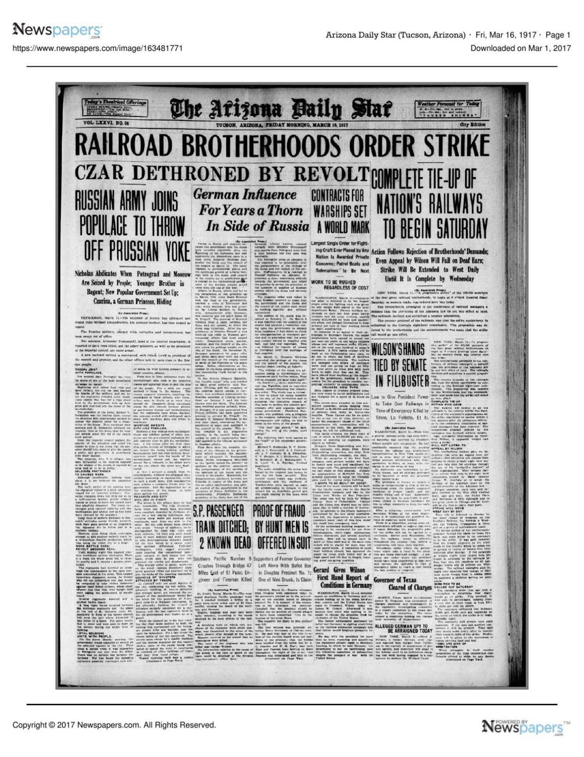 Arizona Daily Star front page March 16, 1917