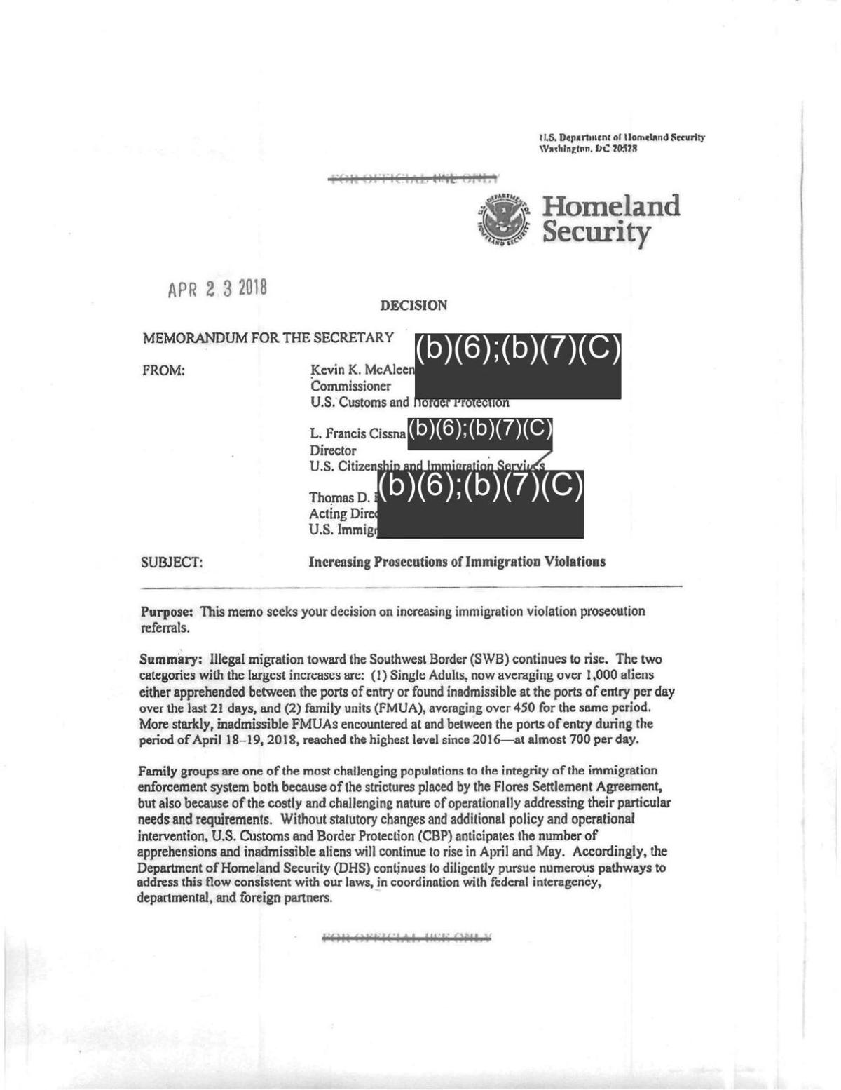 Family separation policy memo