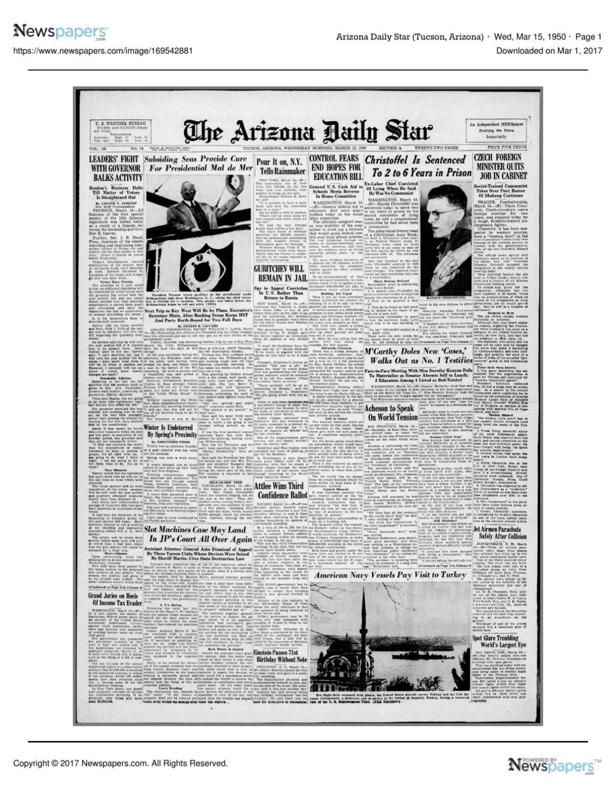 Arizona Daily Star front page March 15, 1950