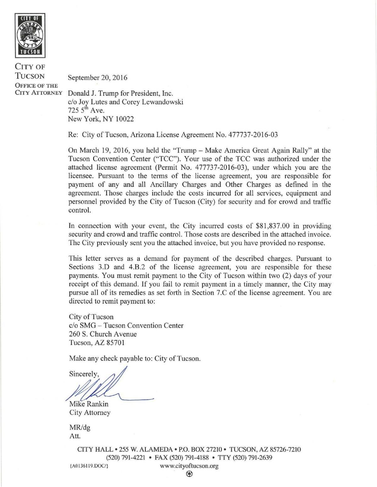 Ltr. -  Demand payment Trump