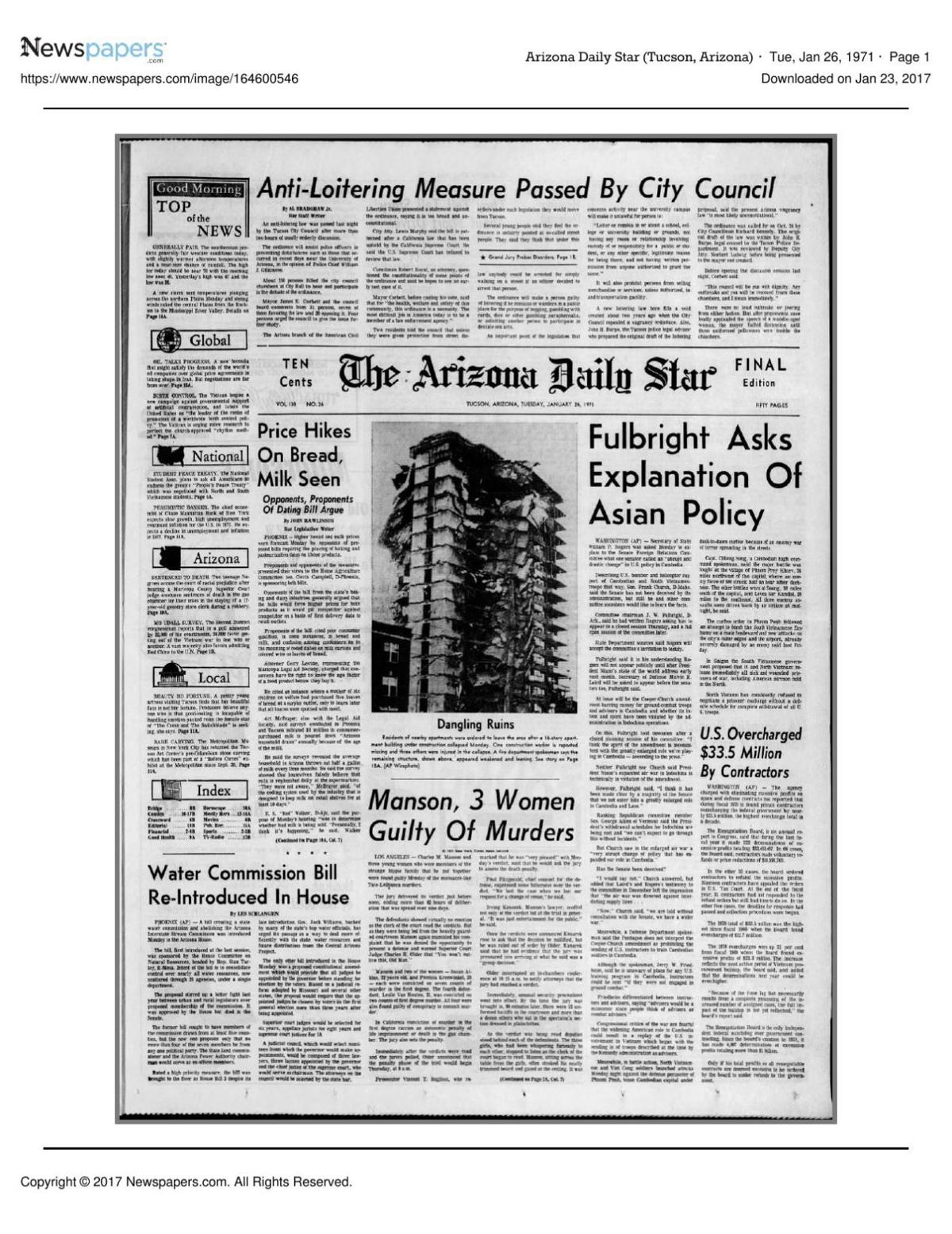 Arizona Daily Star front page Jan. 26, 1971