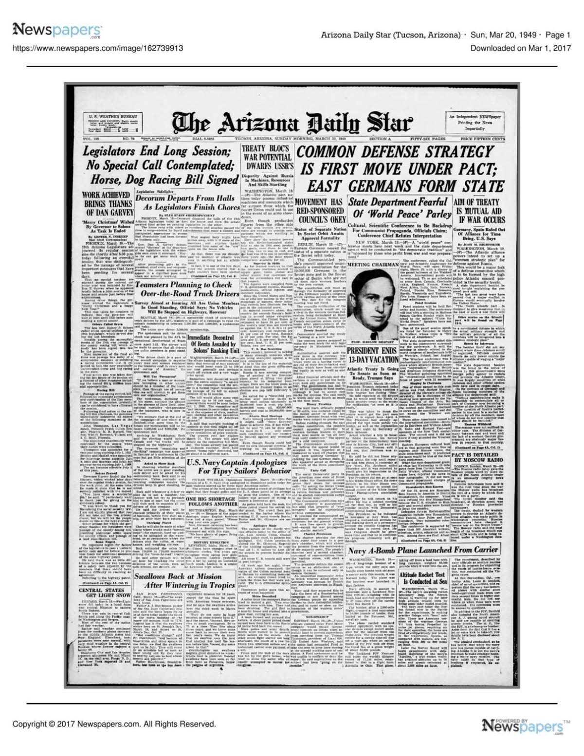 Arizona Daily Star front page March 20, 1949