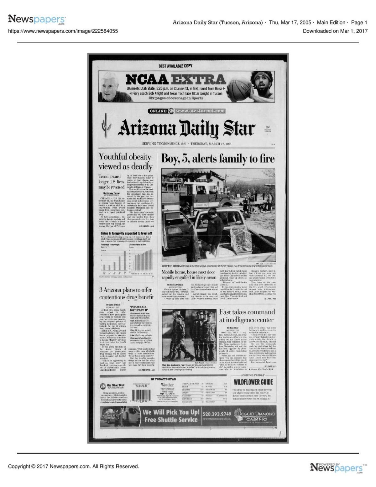 Arizona Daily Star front page March 17, 2005