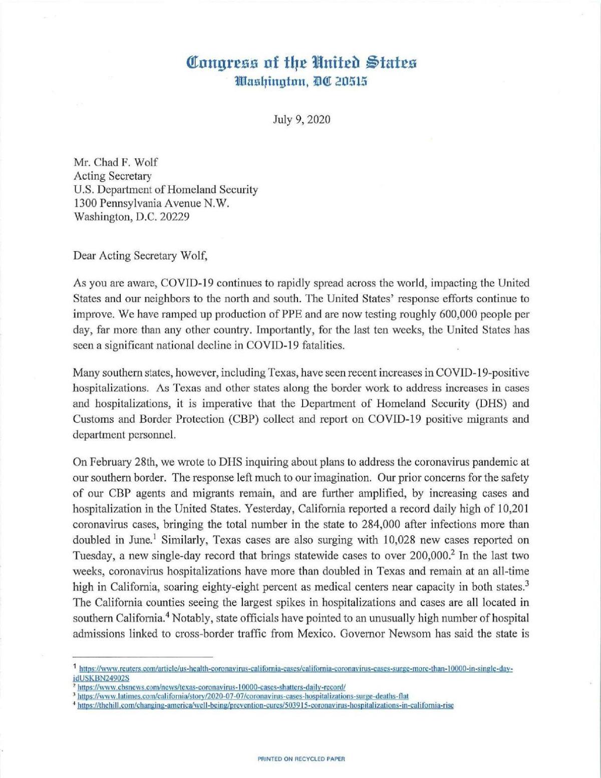 Congress members' July 9 2020 letter on COVID-19 at the border