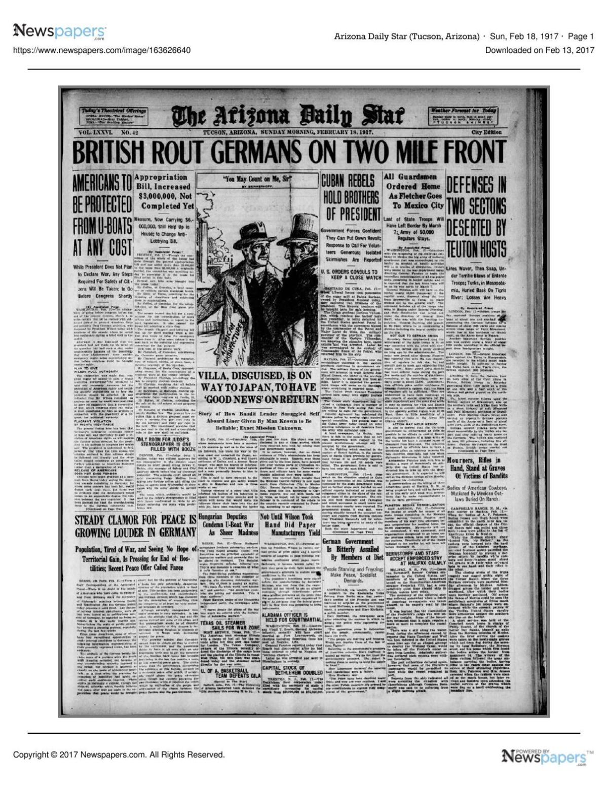 Arizona Daily Star front page Feb. 18, 1917