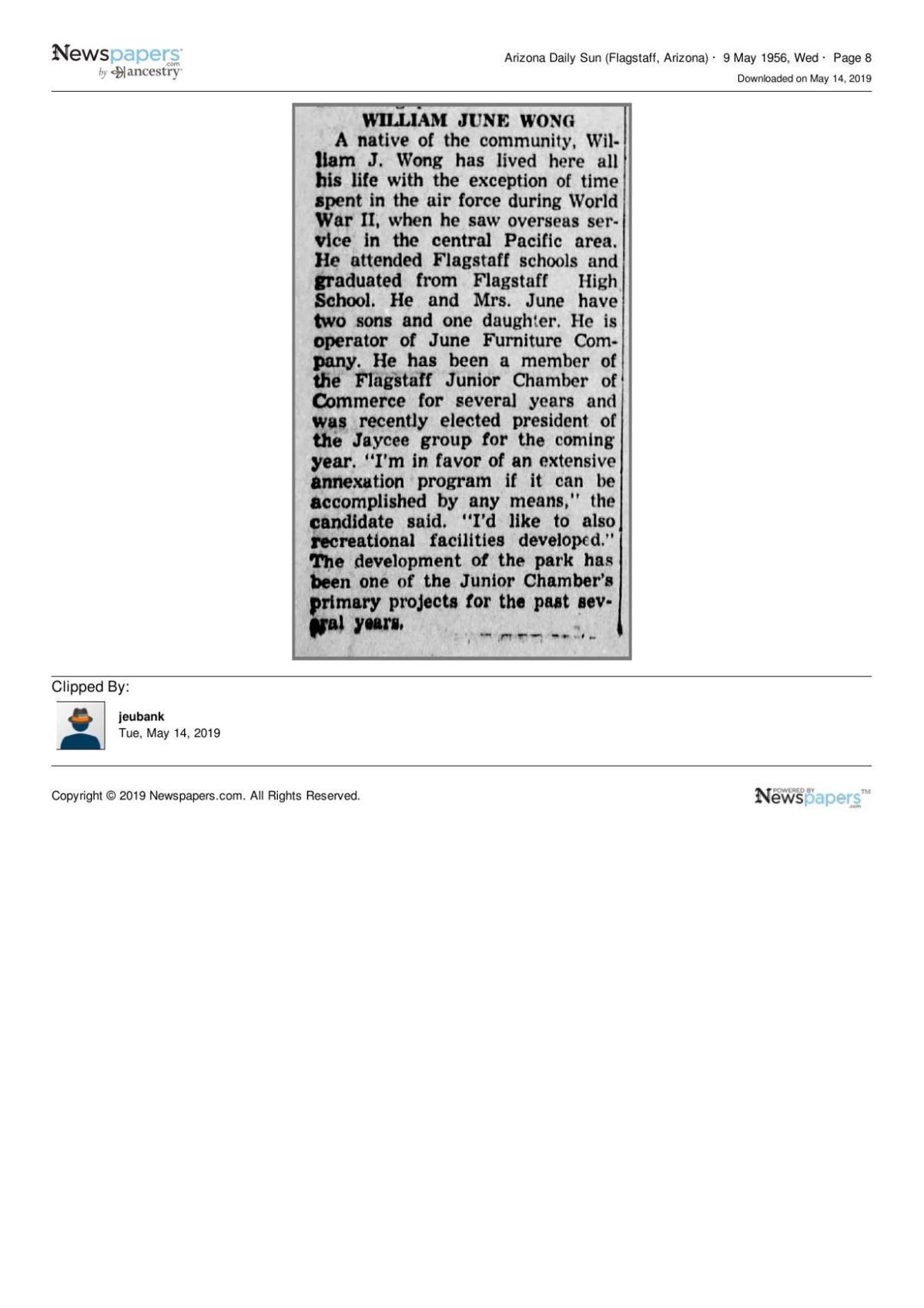 Arizona Daily Sun (Flagstaff) article May 9, 1956