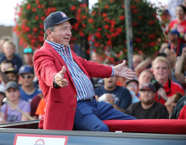 Johnny Bench rides in the Hall of Fame Parade of Legends during Hall of Fame Weekend in Cooperstown N.Y. on Saturday, July 28, 2018.