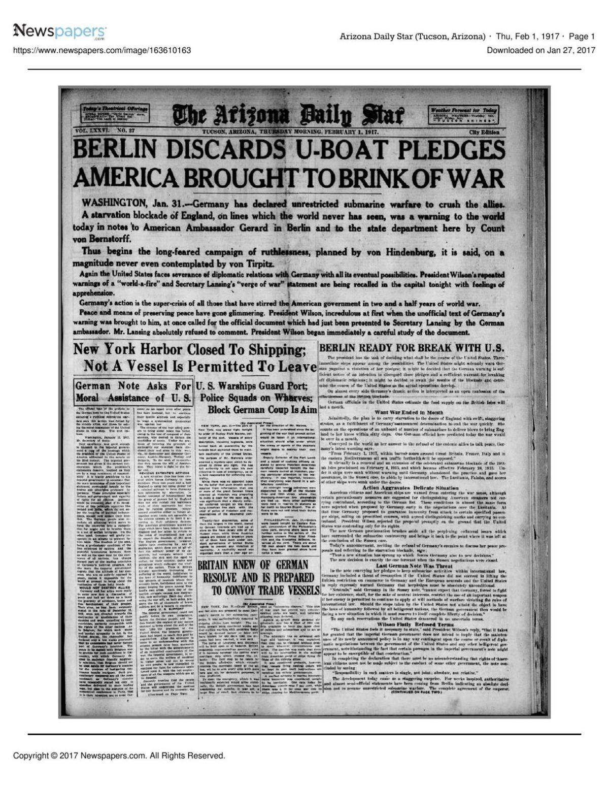 Arizona Daily Star front page Feb. 1, 1917