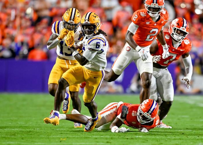 Reciever Winston Watkins 6, LSU Tigers take on the Clemson Tigers. September 5, 2026; Baton Rouge, Louisiana, USA; at Tiger