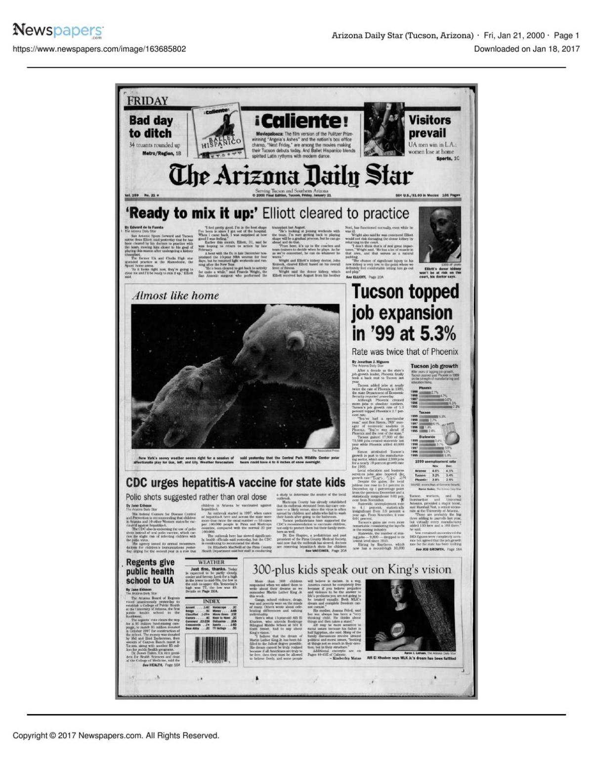 Arizona Daily Star front page Jan. 21, 2000