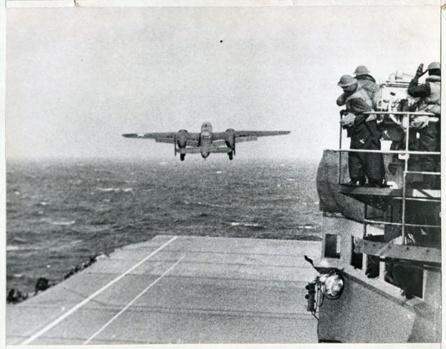 A 16 B-25s lifts off from the Hornet’s deck
