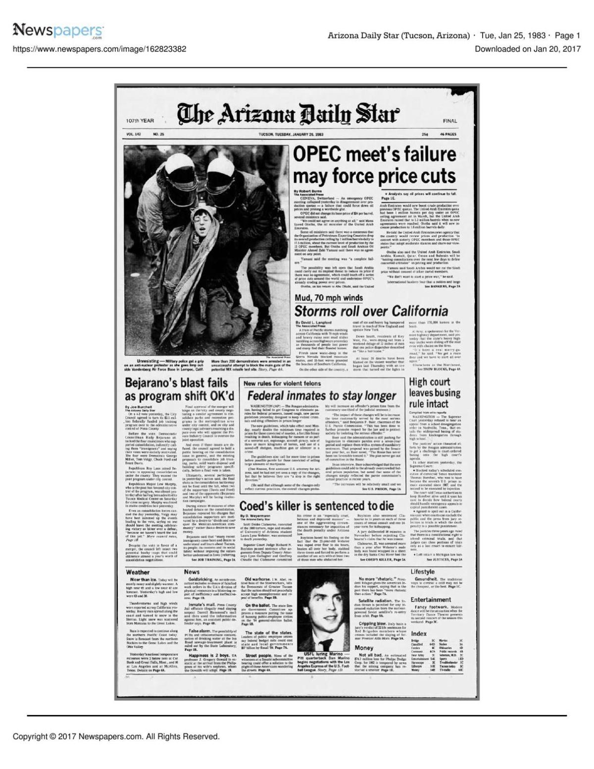 Arizona Daily Star front page Jan. 25, 1983