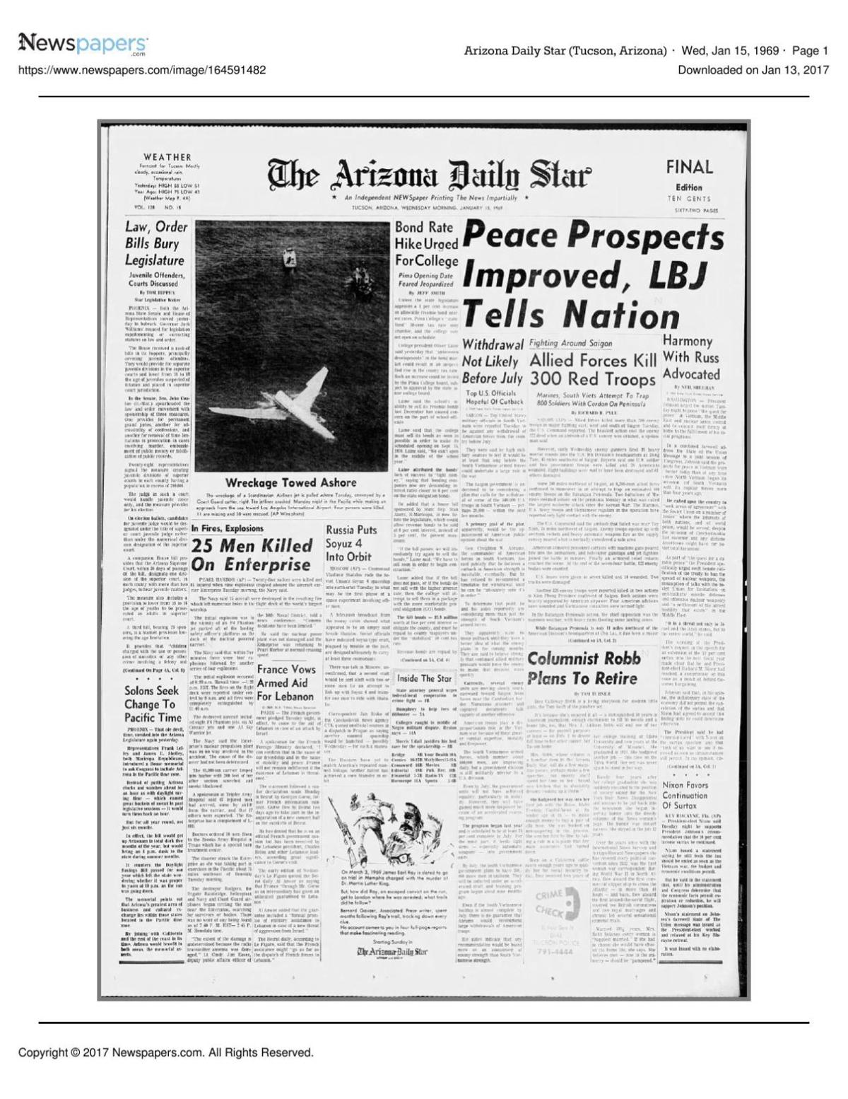 Arizona Daily Star front page Jan. 15, 1969