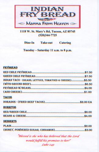 Manna from Heaven menu