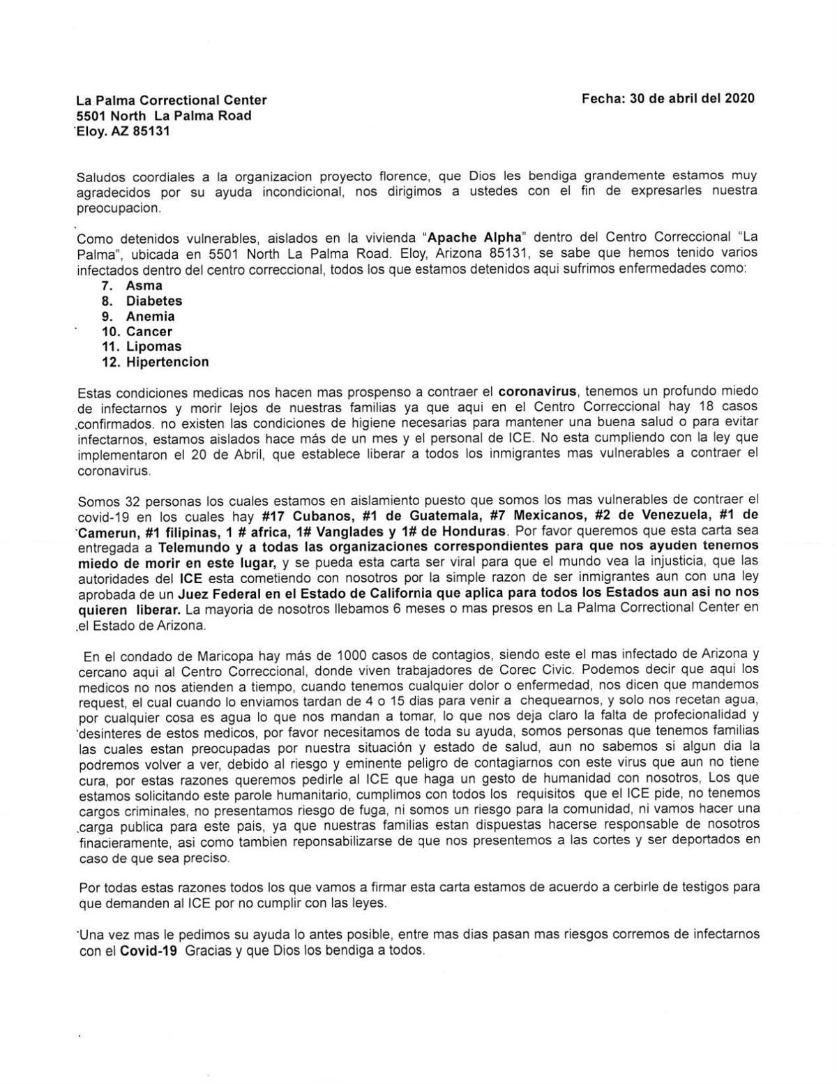 April 30 letter from La Palma